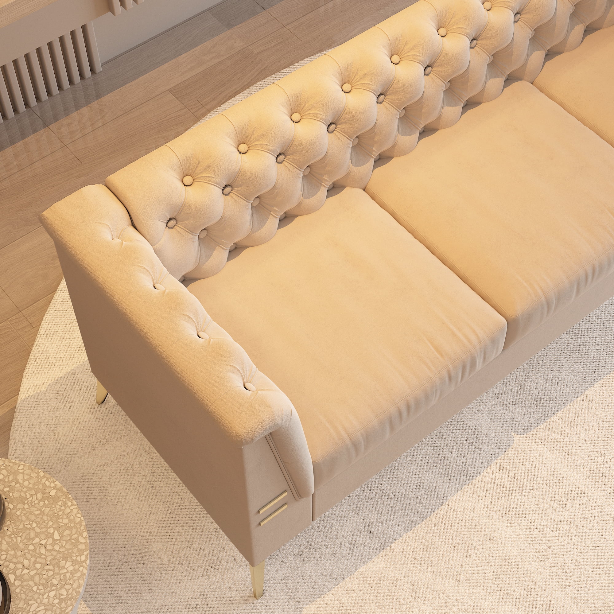 Resenkos 83" Mid-Century Modern Tufted Velvet Couch Extra-Deep Down-Filled Sofa in Khaki Resenkos 83" Mid-Century Modern Tufted Velvet Couch Extra-Deep Down-Filled Sofa in Khaki