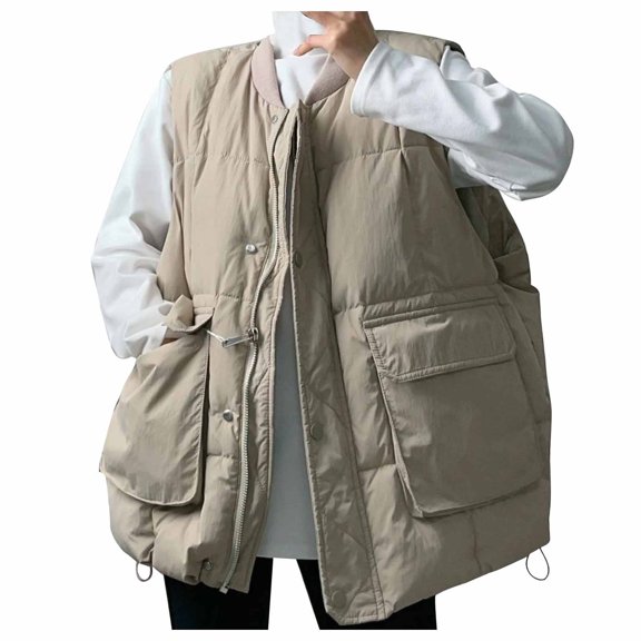 UTSJKR Women's Puffer Vests Winter Warm Sleeveless Jacket Outwear with Pockets Zipper Button Closure Fashion Solid Color Thick Cozy Loose Fit Vests Coat Khaki L