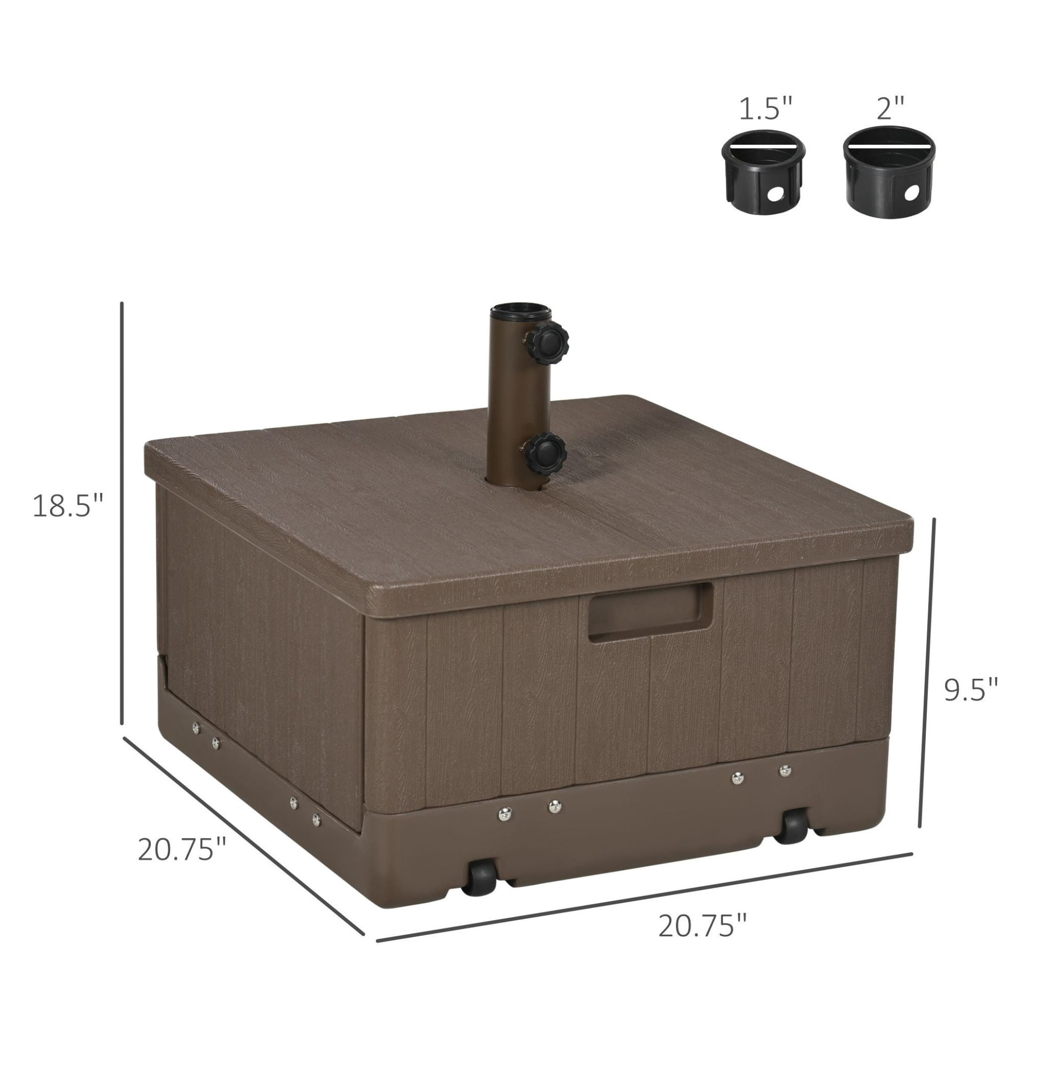 3-in-1 Outdoor Umbrella Base, Coffee End Table, Flower Box Planter, 175lbs Capacity Patio Umbrella Stand Table with Wheels and Handles, Brown