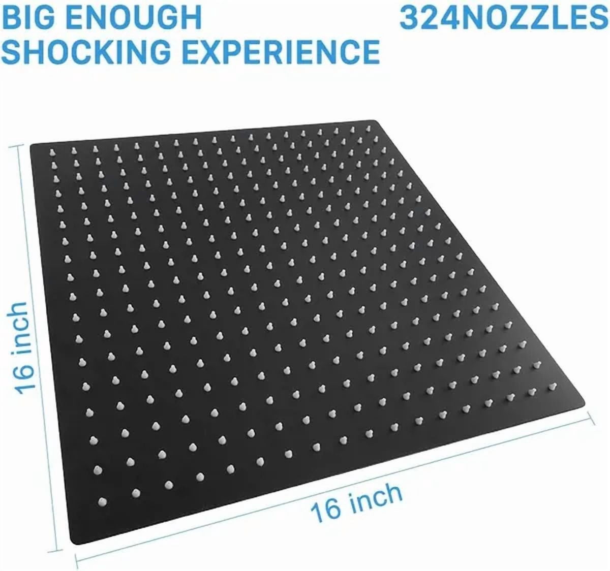 16 Inch Oversize Stainless Steel Rain Shower Head - Matte Black High Pressure Shower Head, Square Rainfall Showerhead - Waterfall Full Body Coverage - Universal Ceiling or Wall Mount