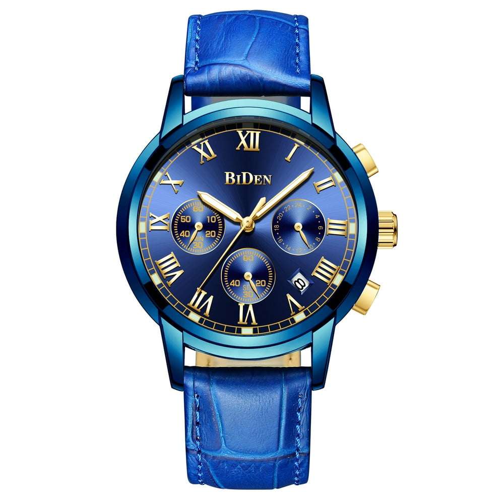 blue face watches with brown leather bands