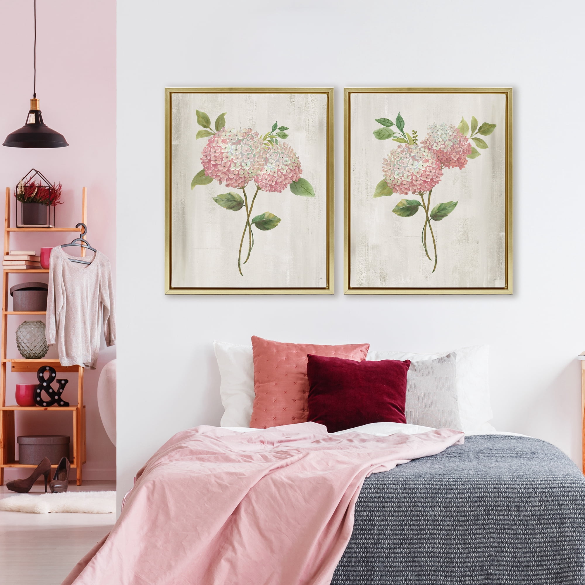 Stupell Industries Vintage Pink Hydrangea Pairs 2 Piece Gold Framed Floater Canvas Set, design by Nan