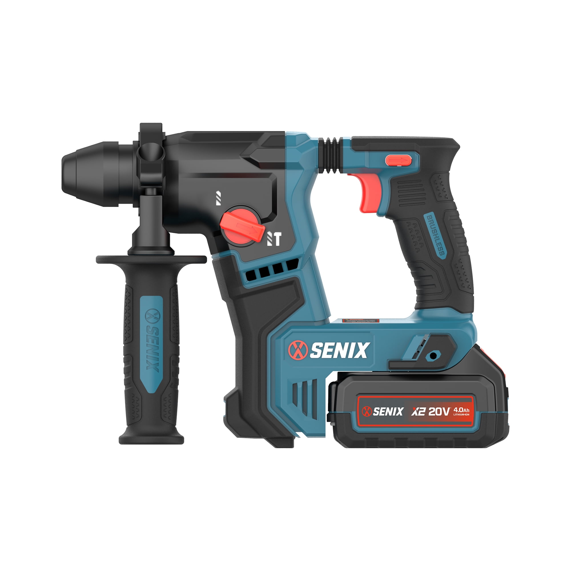 SENIX 20 Volt Max* SDS-Plus Cordless 5/8" Rotary Hammer Drill with Brushless Motor, Auxiliary Handle, Dual Function, & Vibration Control, Battery, Charger, & Storage bag Included (PDRX2-M2)