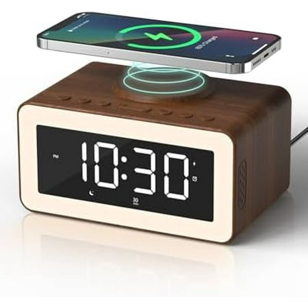 Digital Alarm Clocks for Bedrooms, Bluetooth Speaker, Alarm Clock with Wireless Charging, White/Brown Noise Sound Machine for Sleep with Night Light Wooden Vintage Decor Birthday Gifts for Men, Women