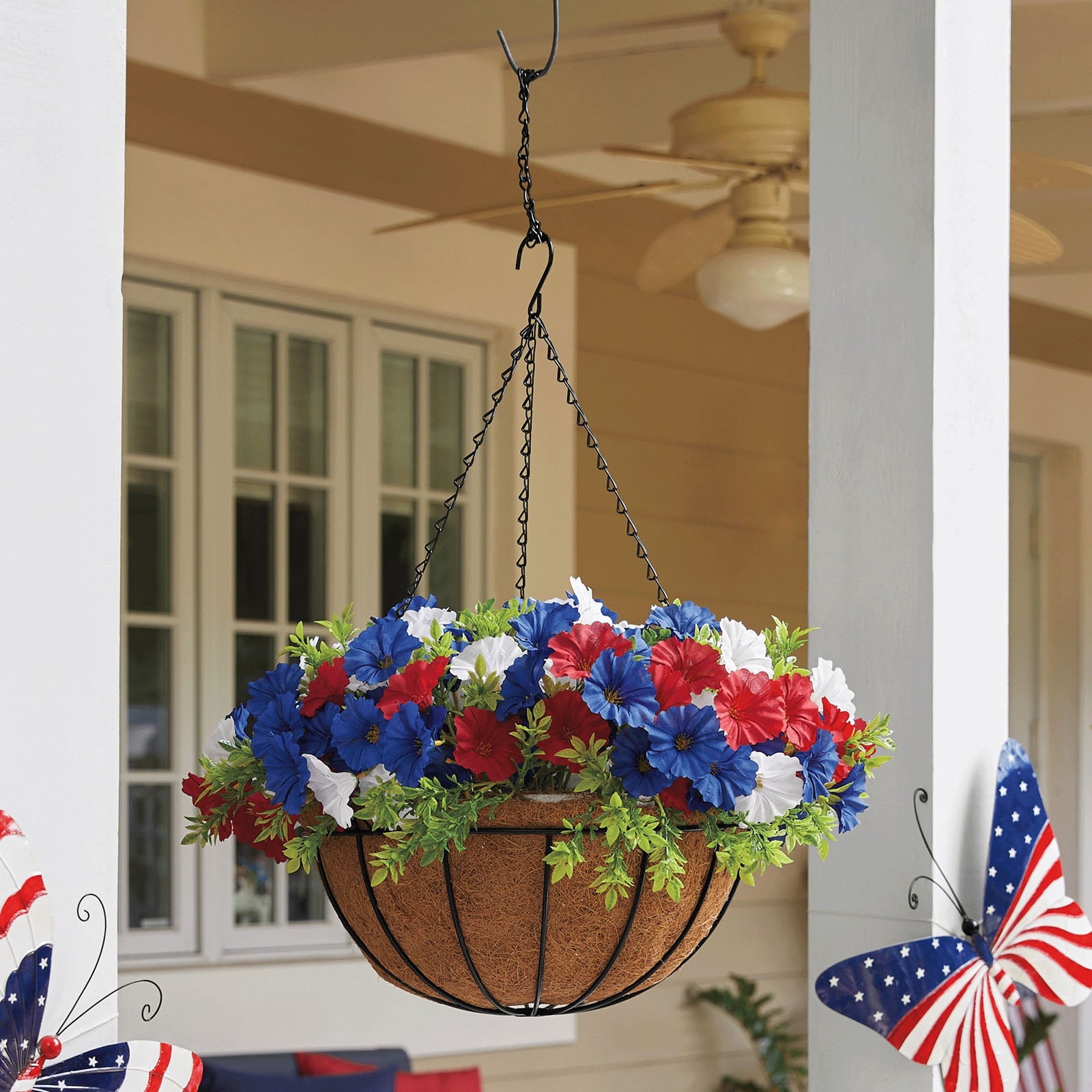 4th of July Hanging Flower Basket with Artificial Flowers, Patriotic Red White Blue Faux Hanging Planter for Porch Garden Patio Balcony Independence Day Home Decor 250th Anniversary Decorations