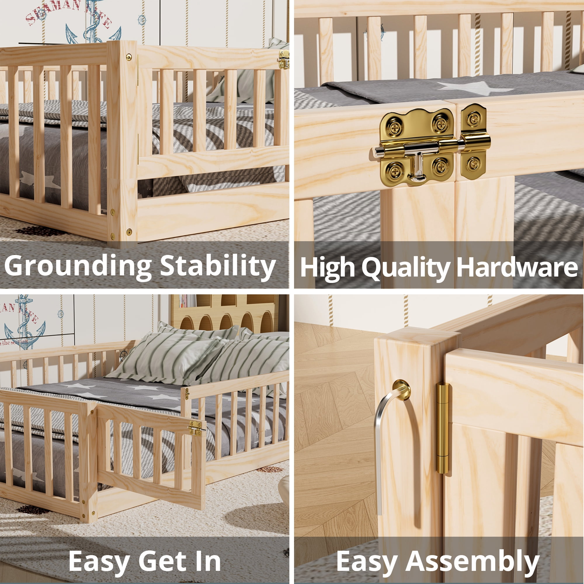 Twin Floor Bed Frame, Montessori Floor Bed with Fence and Wood Slats, Natural