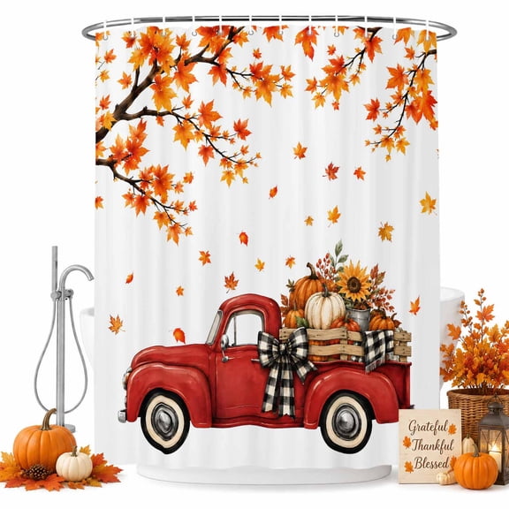 Thanksgiving Red Truck Shower Curtain Set with Hooks, Fall Country Maple Leaf Pumpkin Plaid Bow Sturdy Water Repellent Shower Curtains for Bathroom Bathtub, Machine Washable 60x72 Inch