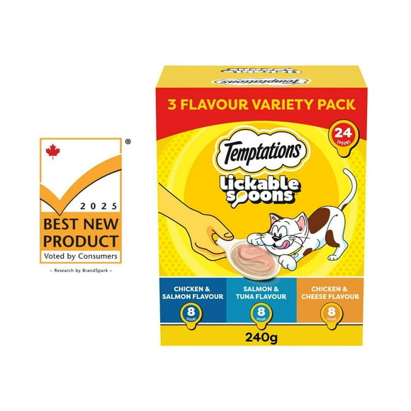 Gâteries pour chats adultes TEMPTATIONS LICKABLE SPOONS saveur de poulet savoureux et de saumon délicieux, saveur de saumon savoureux et de thon délicieux et saveur de poulet savoureux et de fromage d 24 x 10 g