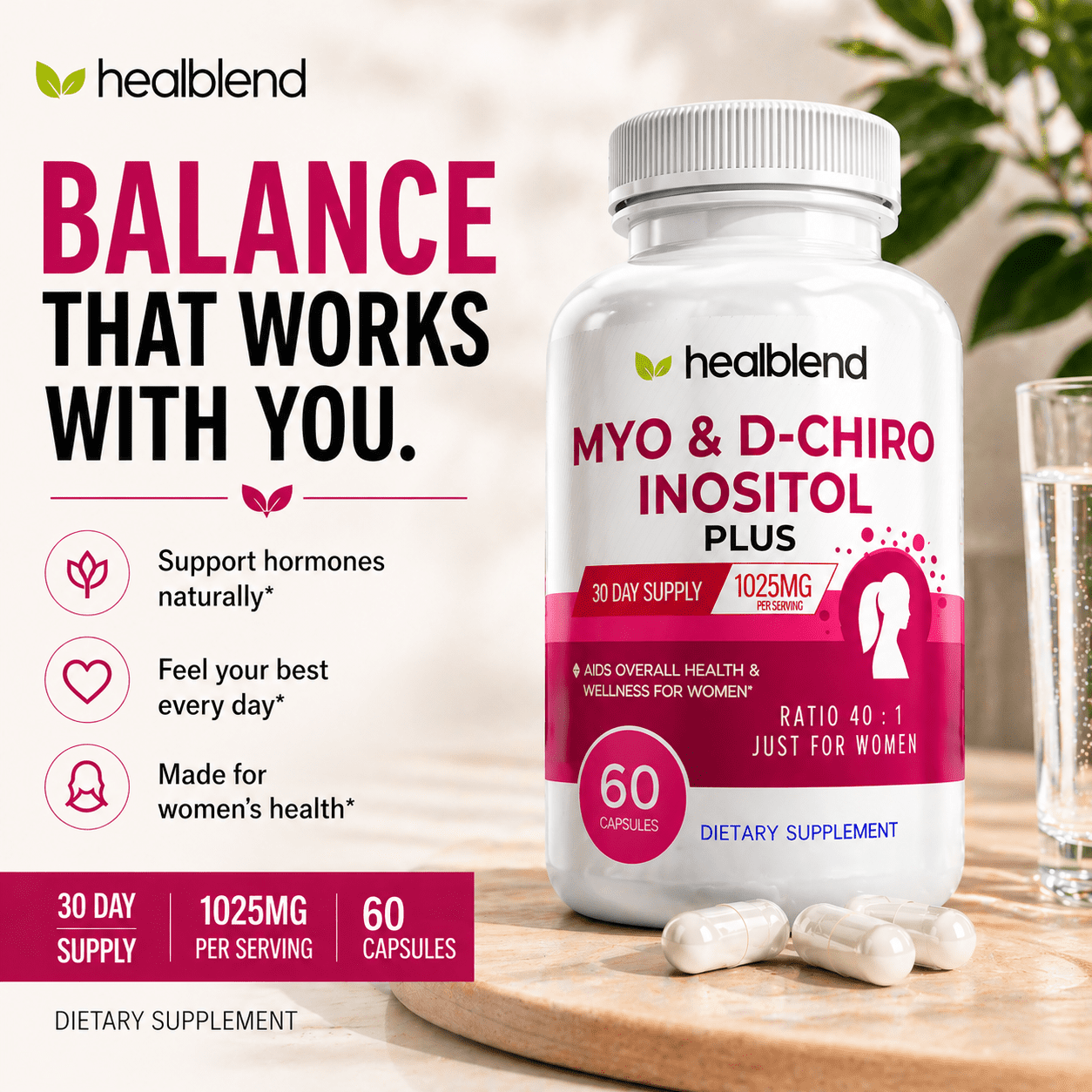 Healblend Myo Inositol & D-Chiro Inositol Plus Supplement - Support Hormonal Balance, Fertility & Healthy Ovarian Function for Women - 60 Capsules