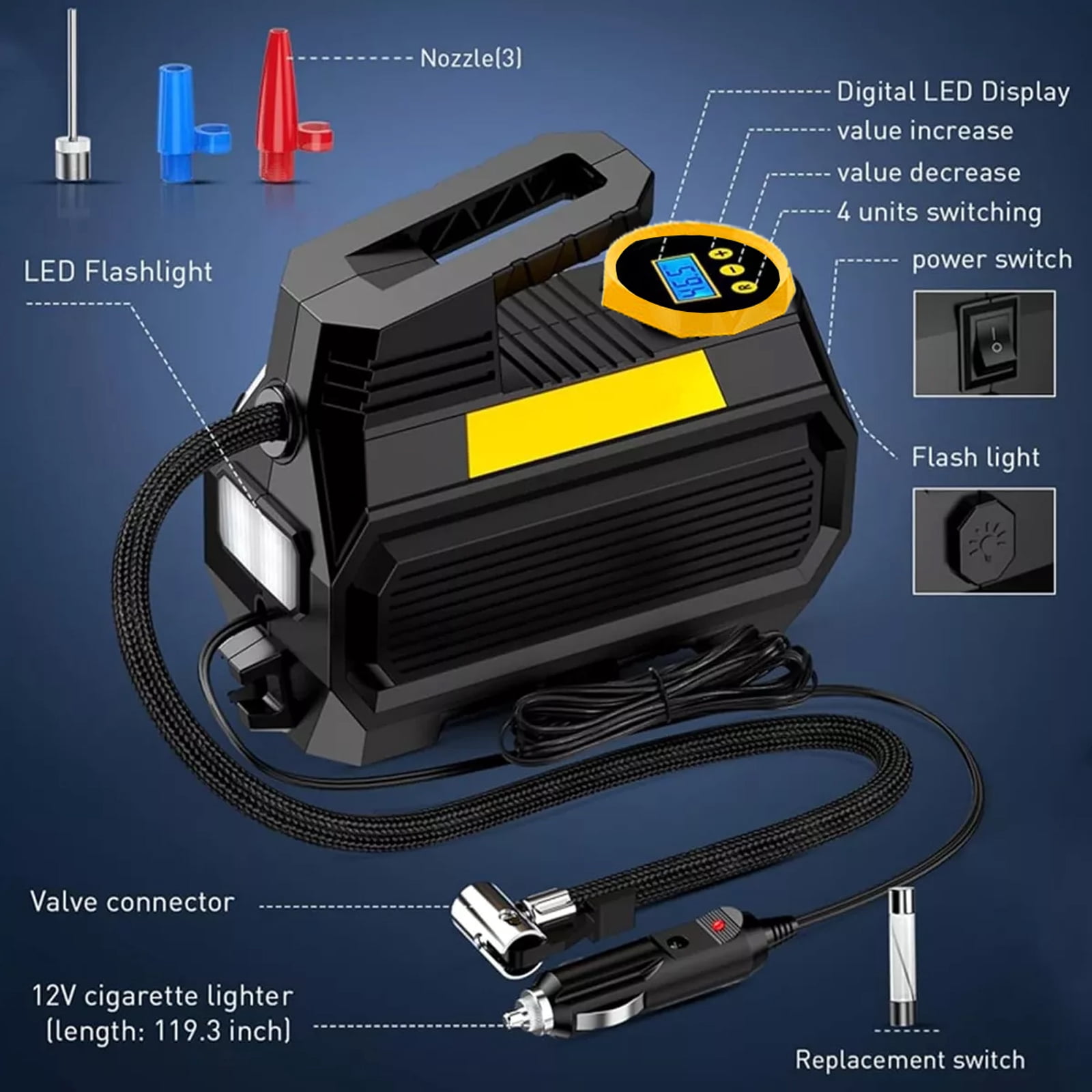 HJDWQN 12V Air Compressor Tire Inflator with Flash-Light - Black