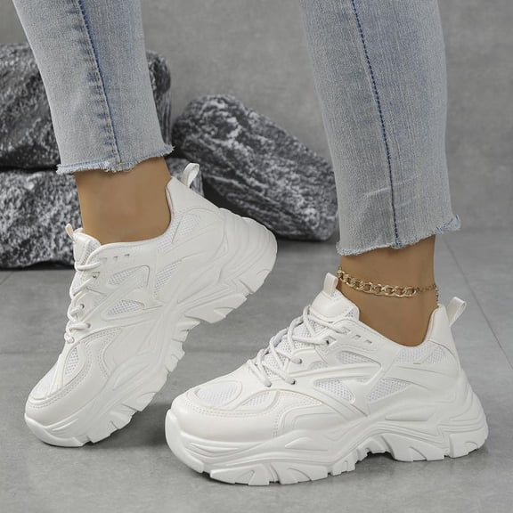 SCHUHLAND Women's Solid White Thick Bottom Sneakers, Breathable Mesh Lace-Up Casual Running Shoes, Medium Heel
