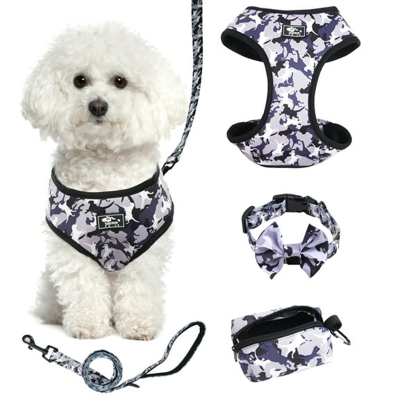 QBLEEV Dog Harness and Leash Sets, Adjustable Reflective No Pull Dog Vest Harness Set for Puppy Small Dog with Bow Collar, Leash and Poop Bag Holder Gray Camouflage