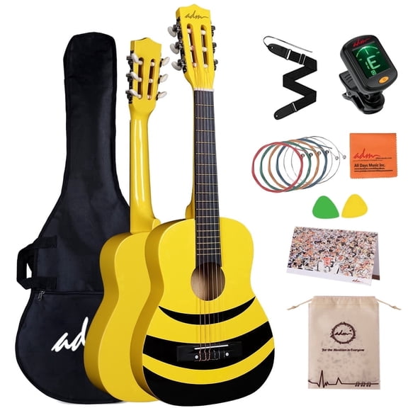 ADM 1/4 Kids Classical Guitar Kit, 30" Junior Guitar Set for Beginnners with Gig Bag, Clip on Tuner, Strap, Picks, Extra Strings, Storage Bag and Cleaning Cloth (Yellow Honey Bee)