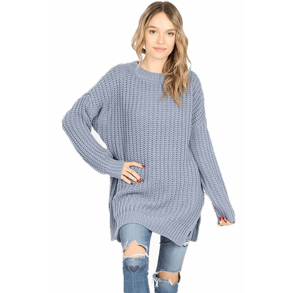 LONG SLEEVE SWEATER ROUND NECK WITH SIDE SLIT 2 COLORS AVAILABLE (GrayBlue, S)