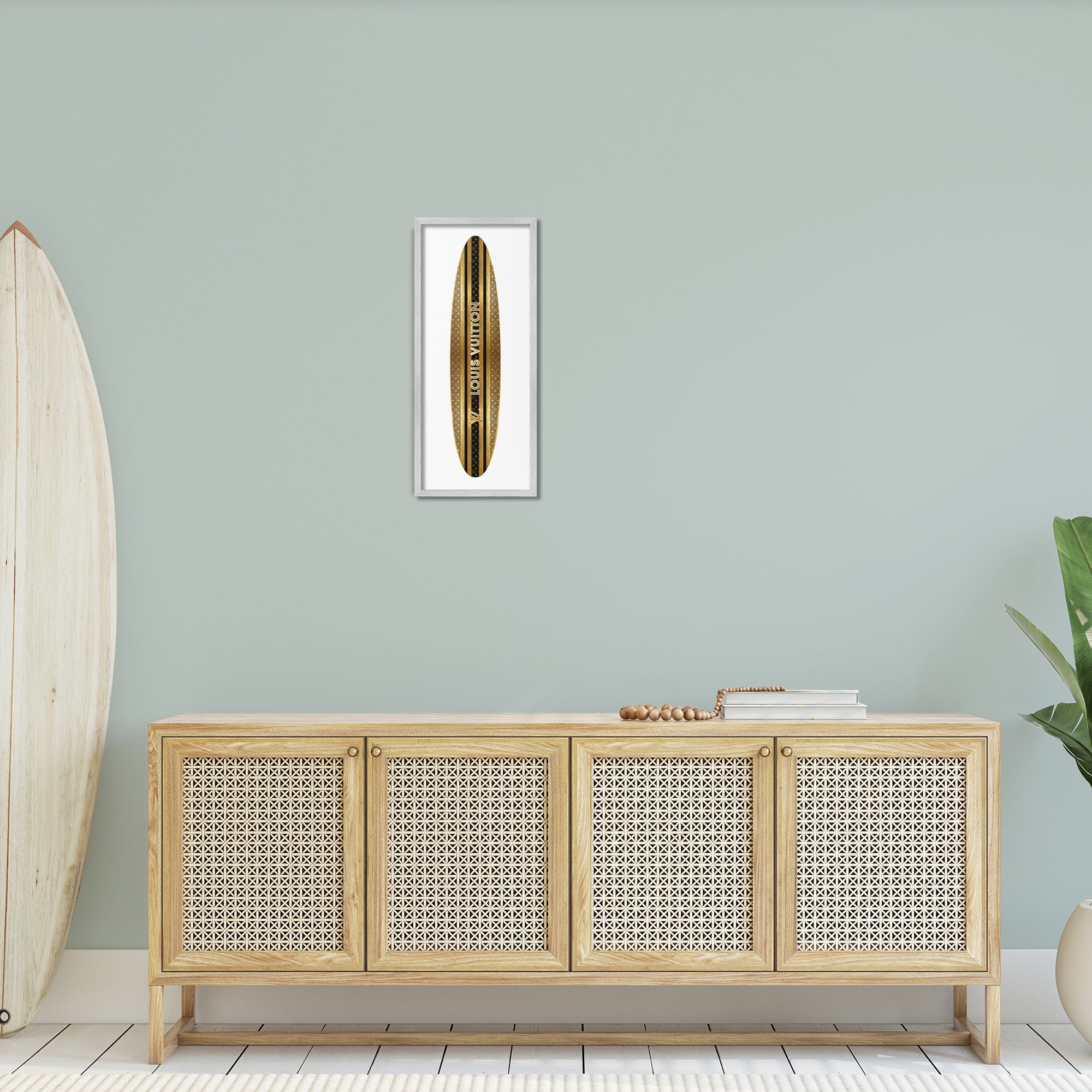 Stupell Industries Glam Striped Surfboard Nature Painting Gray Framed Art Print Wall Art, 10 x 24
