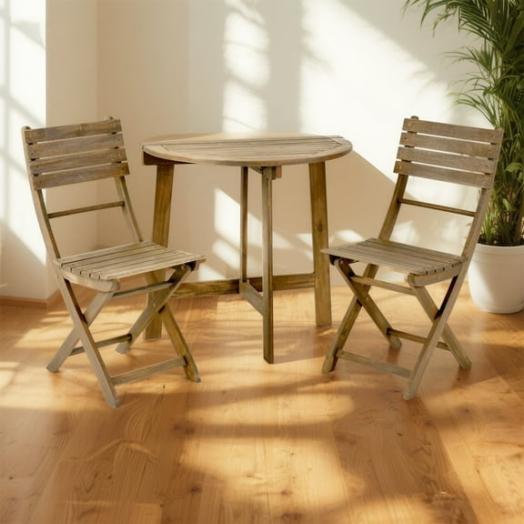 YIYADO Outdoor 3pc Half-Round Folding Bistro Set, Acacia Wood, Weather-Resistant, Grey