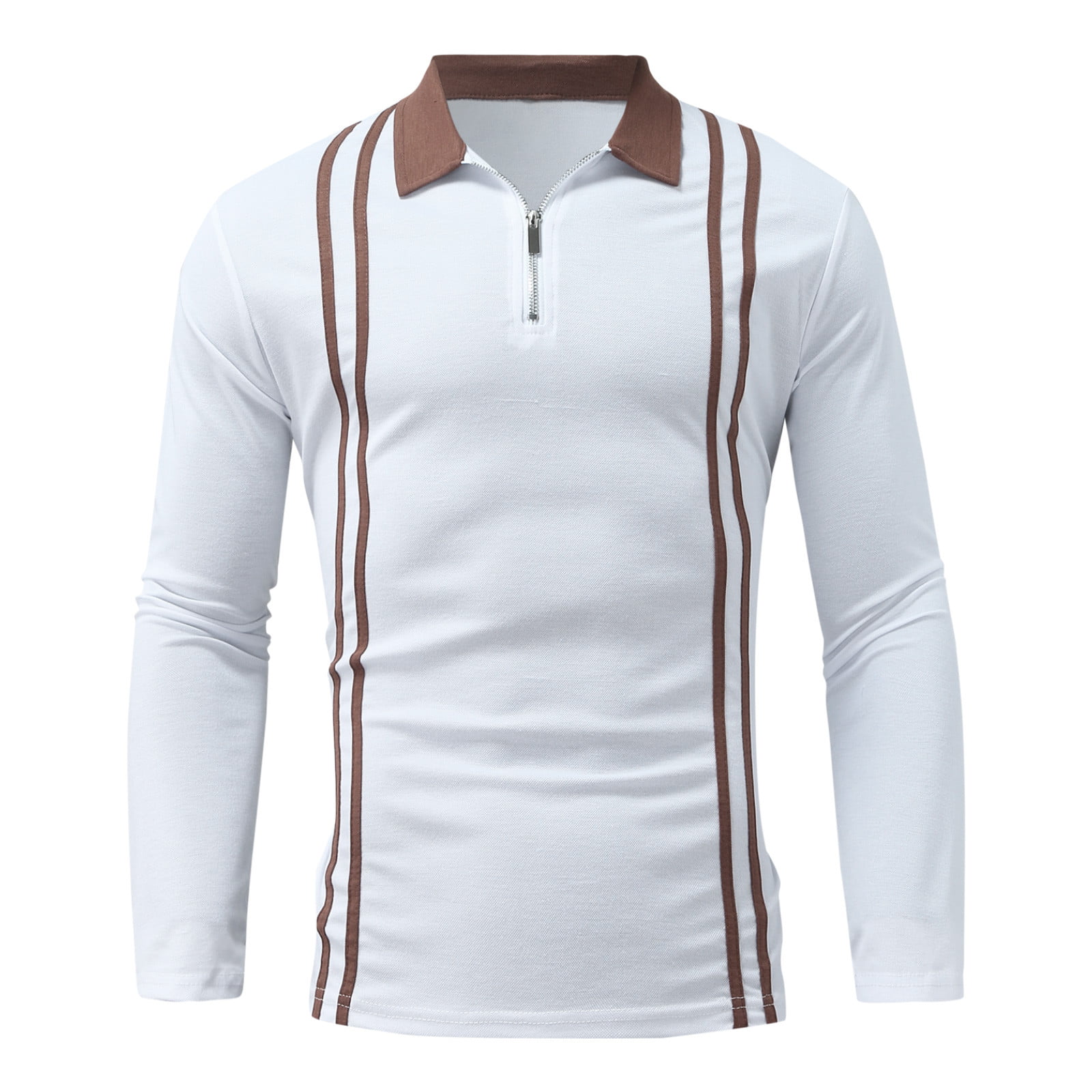outfmvch polo shirts for men casual splice strip zipper turn-down collar long  sleeve polos shirt womens tops brown 
