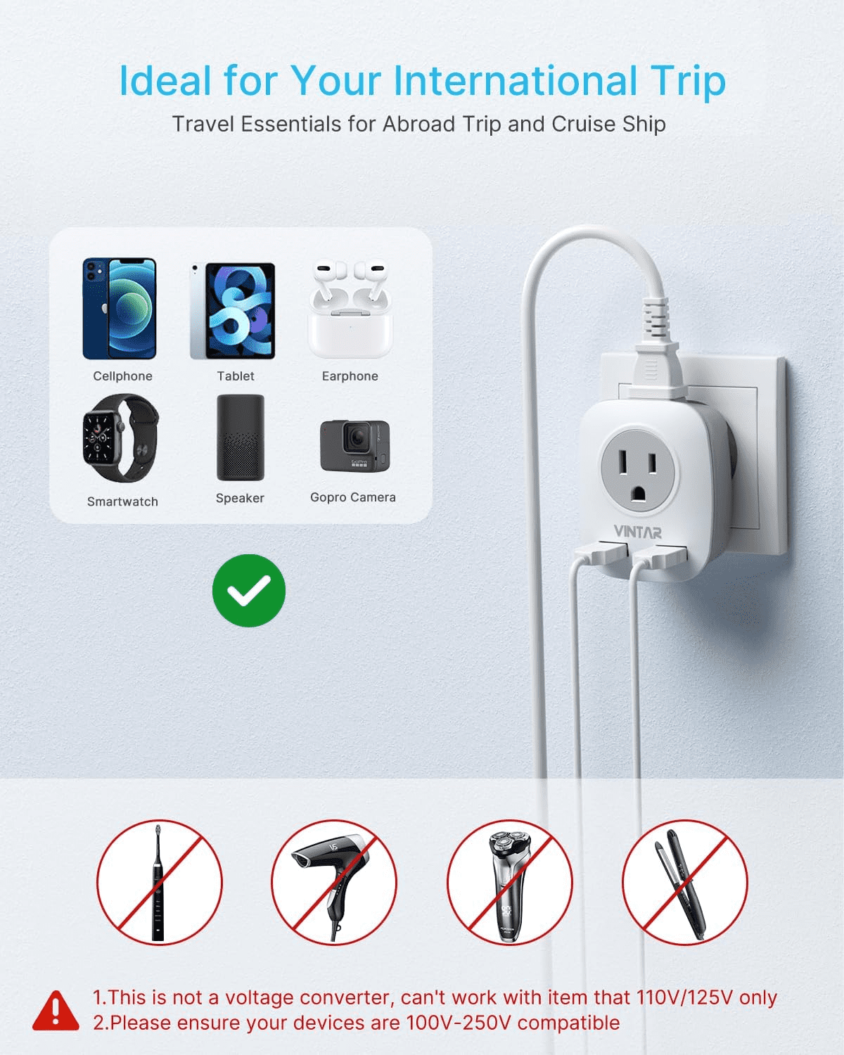 [2-Pack] European Travel Plug Adapter, VINTAR International Power Adaptor with 2 USB Ports,2 American Outlets- 4 in 1 Outlet Adapter,Travel Accessories to Italy,Greece,Israel,France, Spain (
