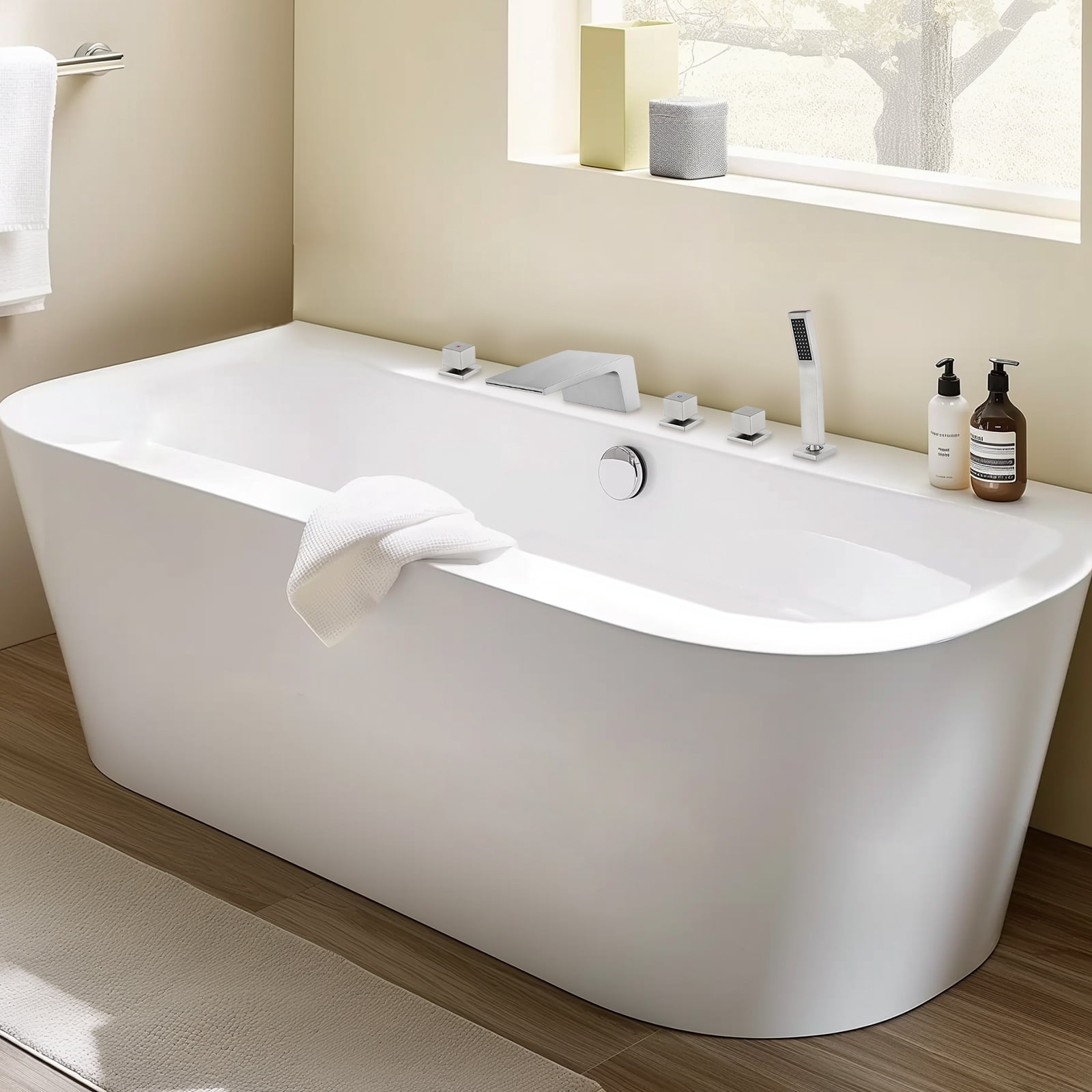 Cobbe 5-Hole Mount Bathroom Bathtub Fauce with 2 Switches, 1 Diverter Knob, 7.09-Inch Wide Tub Spout and Hand Shower Brushed Nickel