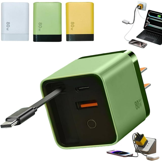 Chargeur Gan 3 en 1, Module de Charge Rapide Max Extensible 80 W, Chargeur à Prise Murale Rétractable avec Câble Type‐C et 2 Ports USB pour Téléphones, Tablettes (Vert)