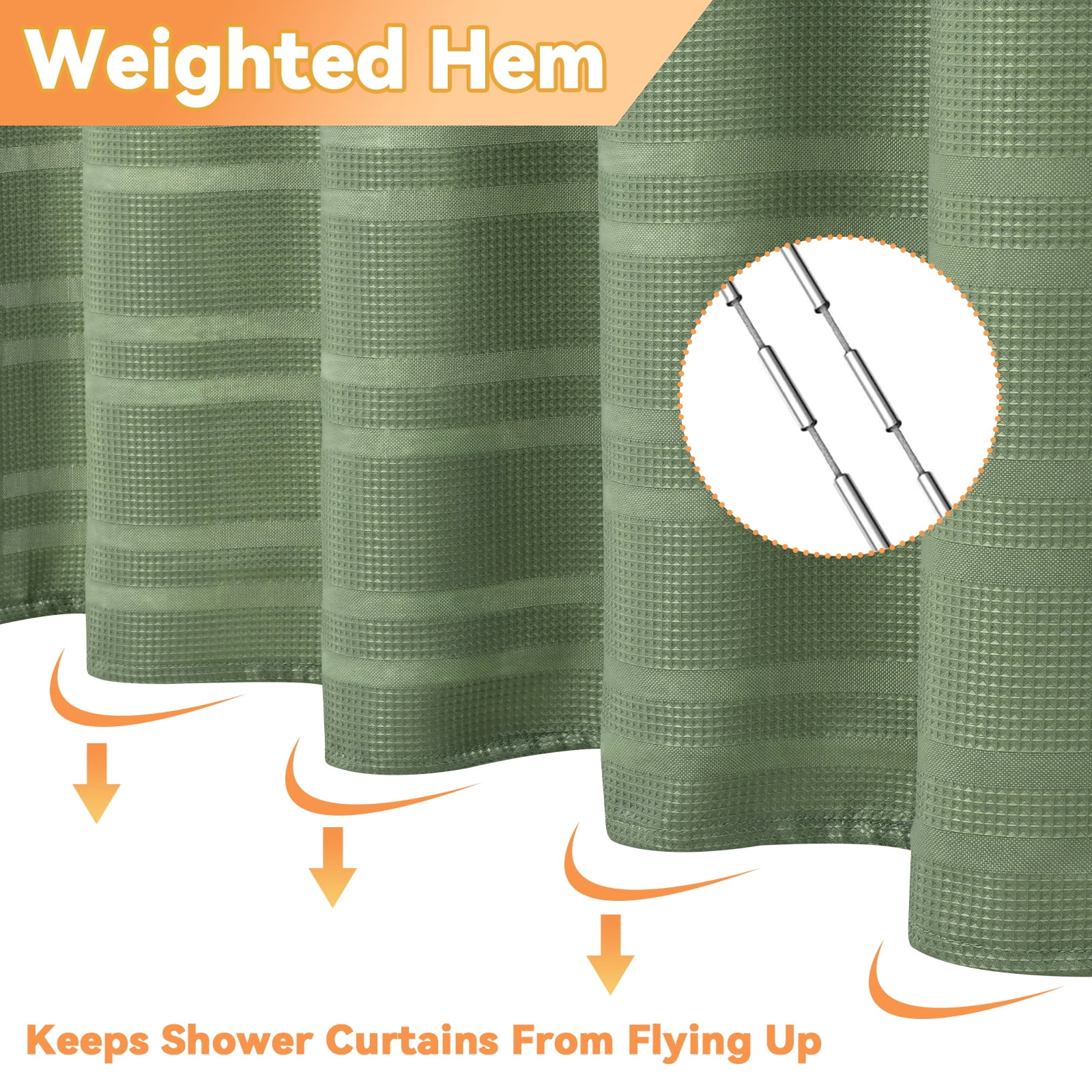 FRAMICS Waffle Weave Shower Curtain Sets with Rug, 14-Piece Striped Bathroom Sets with Hooks, Hotel Grade Heavy-Duty Waterproof Fabric, Sage Green, 71.3" x 71.3"