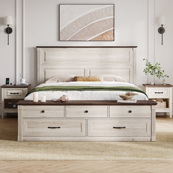 Linsy Home 3 Pieces Farmhouse Bedroom Furniture Set, Includes Queen Size Wood Bed Frame with 49" High Headboard and Storage Bench, Nightstand Set of 2 with Charging Station, Beige
