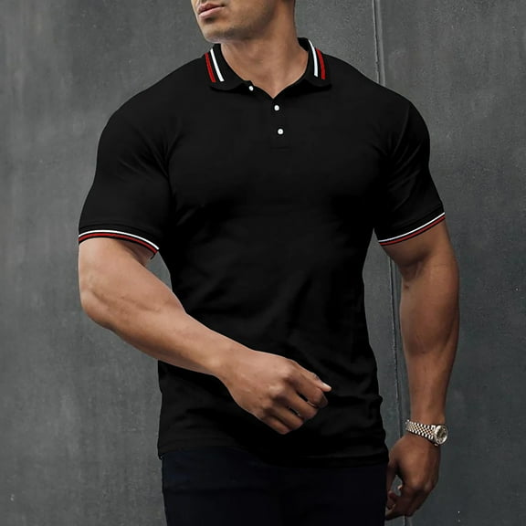 PEASKJP Polo T Shirts for Men Classic Fit Men's Classic Fit Short Sleeve Solid Soft Cotton Polo Shirt Summer Tops (Black,M)