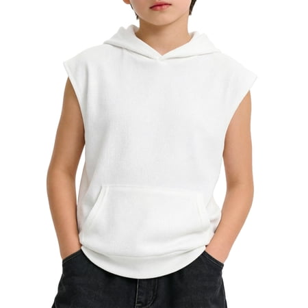 ZXLBBD Kids Boys Tank Tops Undershirts Hoodie Sleeveless Athletic Workout Hooded Shirts Solid Color Basic Tees Casual Daily Wear