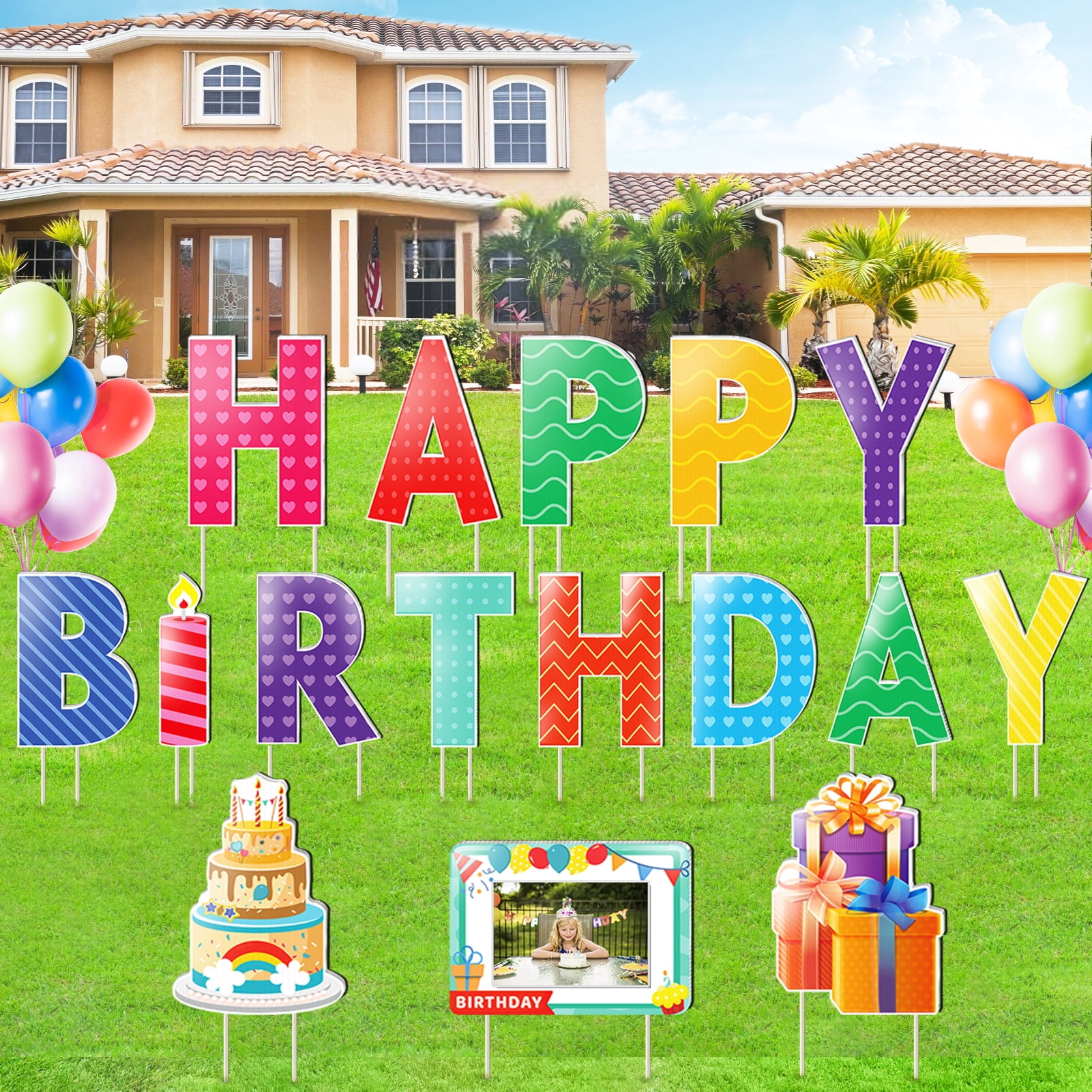 Yalumo Happy Birthday Yard Sign with Stakes, 16pcs Personalized Happy Birthday Yard Sign Colorful Weatherproof Birthday Lawn Sign for Outdoor Yard Decorations Garden Party