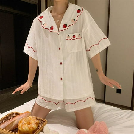 

CoCopeaunt Womens Pajamas Summer Night Home Suit Sleepwear Cotton Strawberry Embroidery Pijamas Homepwear Pyjamas Kawaii Pj Sets