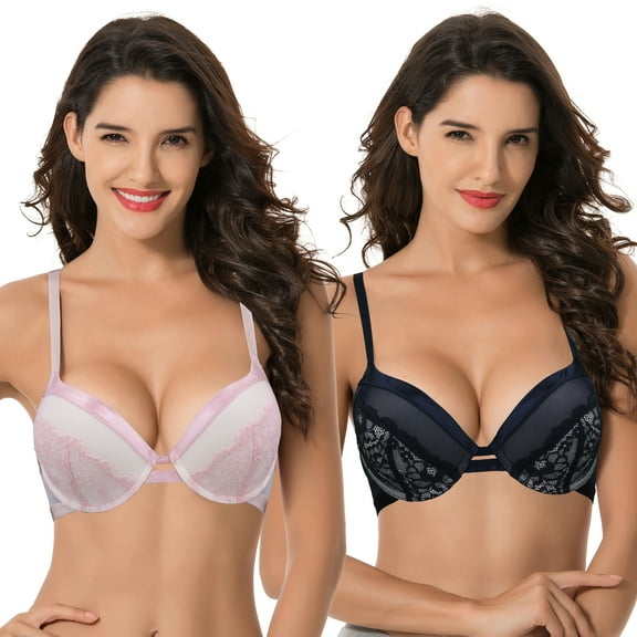 Curve Muse Women's Plus Size Push Up Add 1 Cup Underwire Perfect Shape Lace Bra-2PK-Pink,Navy-40B
