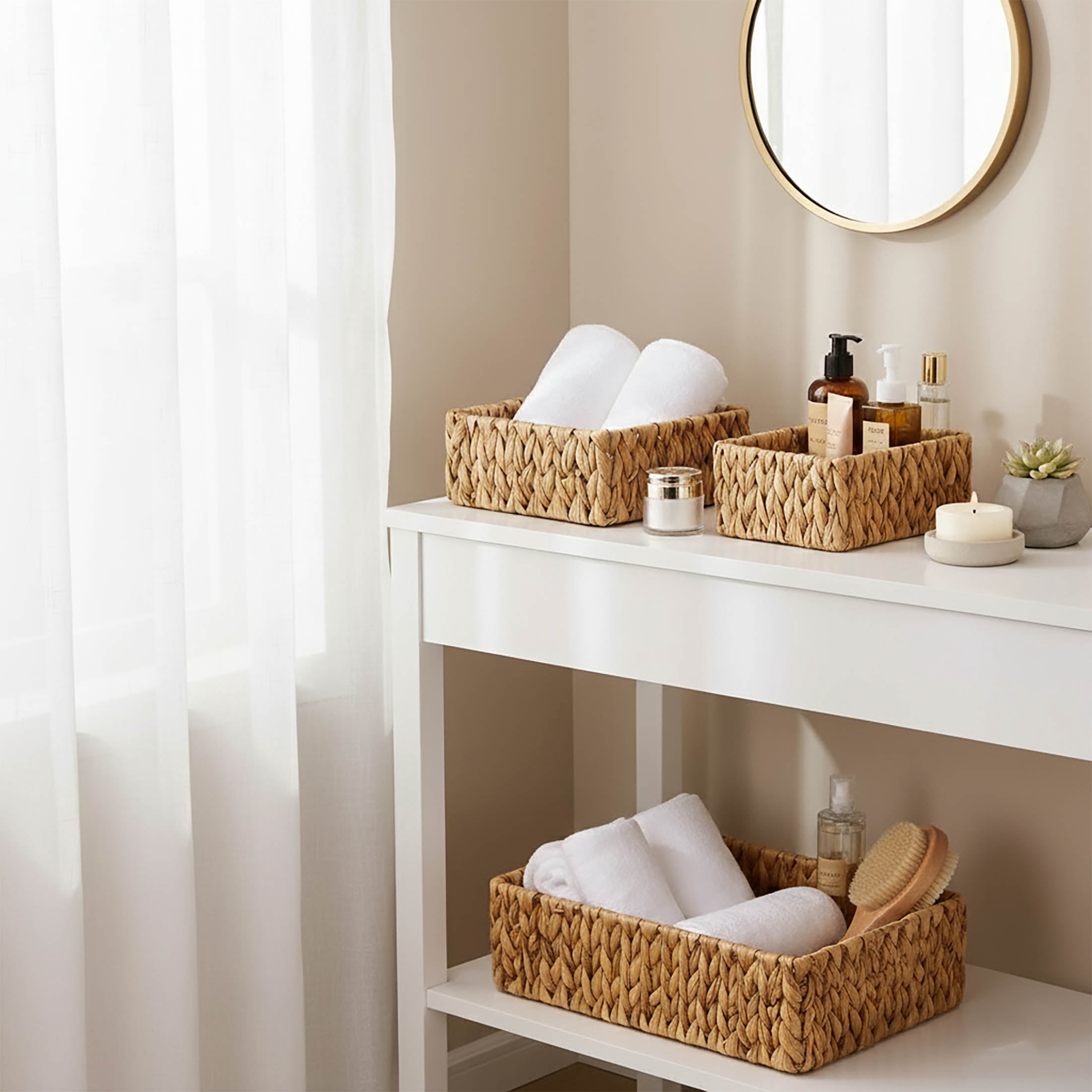 LAQUEDECRAFT 3-Pack Water Hyacinth Storage Baskets | Decorative Handwoven Organizer Baskets for Styling, Sorting & Home Organization | Ideal for Bathroom, Pantry, or Shelf Use