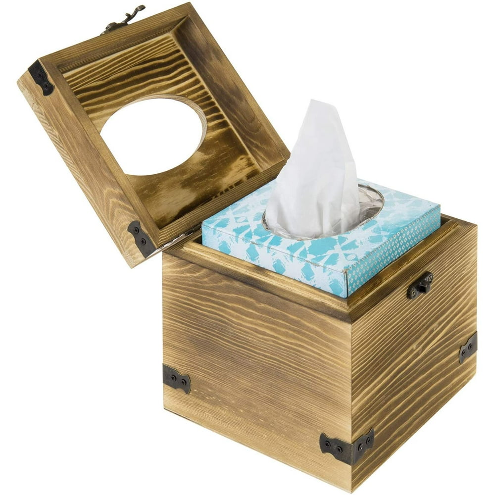 MyGift Brown Wood Square Facial Tissue Box Holder with Hinged Lid