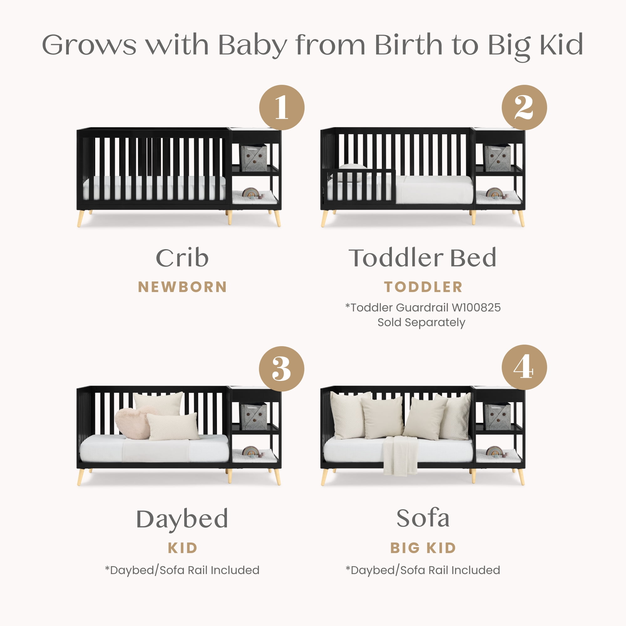Delta Children Essex 4-in-1 Convertible Crib and Changer, Black Ebony w/Natural Knobs