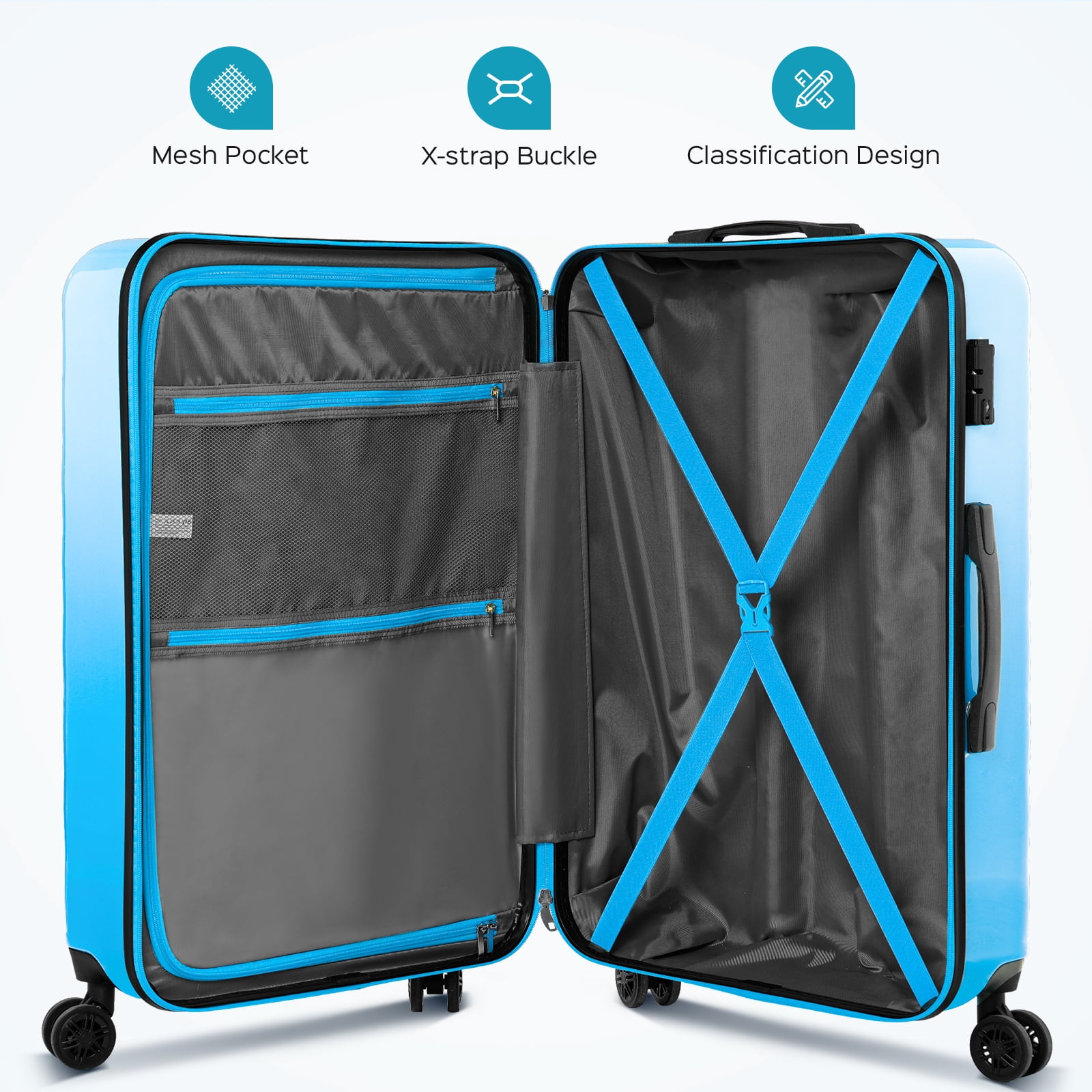 3 Piece Luggage Sets 20"/24"/28" ABS+PC Lightweight Hardshell Suitcase with Spinner Wheels and TSA Lock,Blue