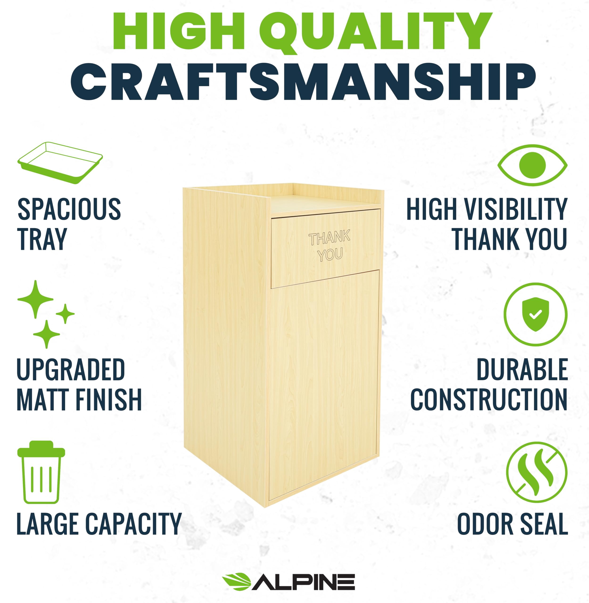 Alpine Restaurant Trash Can Cabinet - Thank You Trash Can Commercial Trash Can 40 Gallon, Garbage Receptacle with Tray Holder for Restaurants, Cafeterias (Oak)