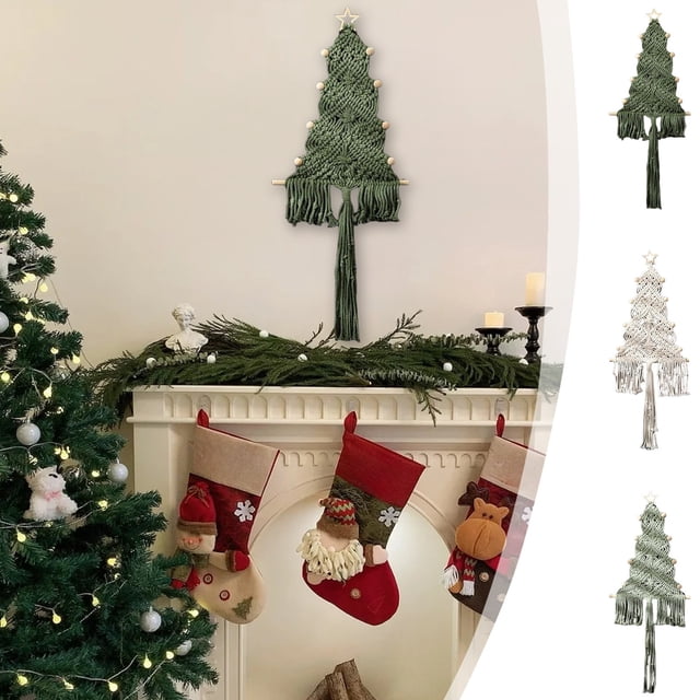 Adorno de borla de árbol de Navidad tejido a mano con cuerda | Decoración de poliéster en capas | Beige y verde | 9,84 x 22,83 in | Tapices festivos para casa de fiestas, chimenea, escaparate