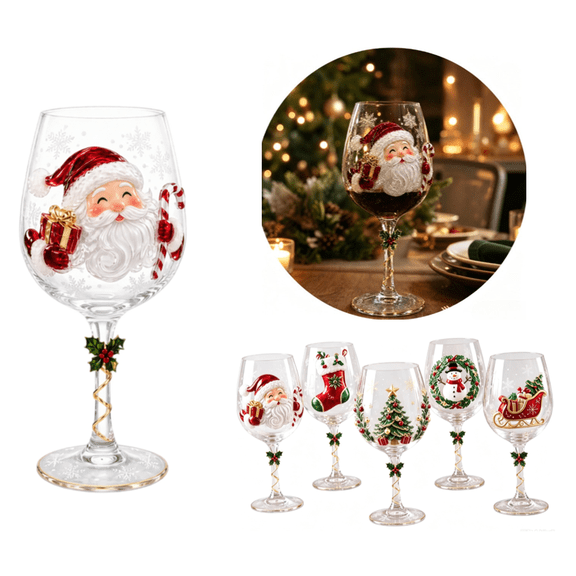 Christmas 3D Wine Glass Collection Gift Box Set, 3D Santa Christmas Wine Glass, Raised Holiday Goblet with Snowflake Decor, Festive Glassware for Wine, Cocktails, Holiday Party & Table Decor