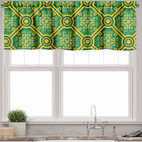 Ambesonne Floral Valance Pack of 2, Bicolour Ornamental Motifs, 54"X12", Jade Green Earth Yellow