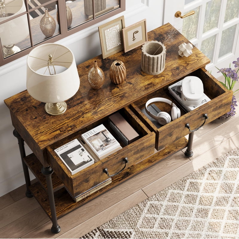 TROPOW Slim Industrial Console Table with 2 Drawers & 2 Shelves – 39.4” Space-Saving Entryway & Behind Couch Table, Vintage Brown Farmhouse Design for Hallway, Living Room & Small Spaces