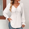 thumbnail image 2 of YYDGH Women's V Neck Drawstring Ruched Tops Puff Long Sleeve Ruffle Cuff Shirts Solid Color Casual Blouses White XXL, 2 of 5