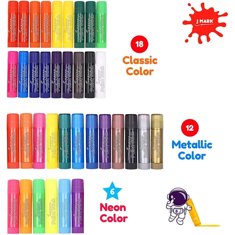 J Mark Tempera Paint Sticks, 36 Colors - Including Stencils and Painting Book, Set of Washable Paint Crayons for Kids - Non Toxic Solid Paint Markers