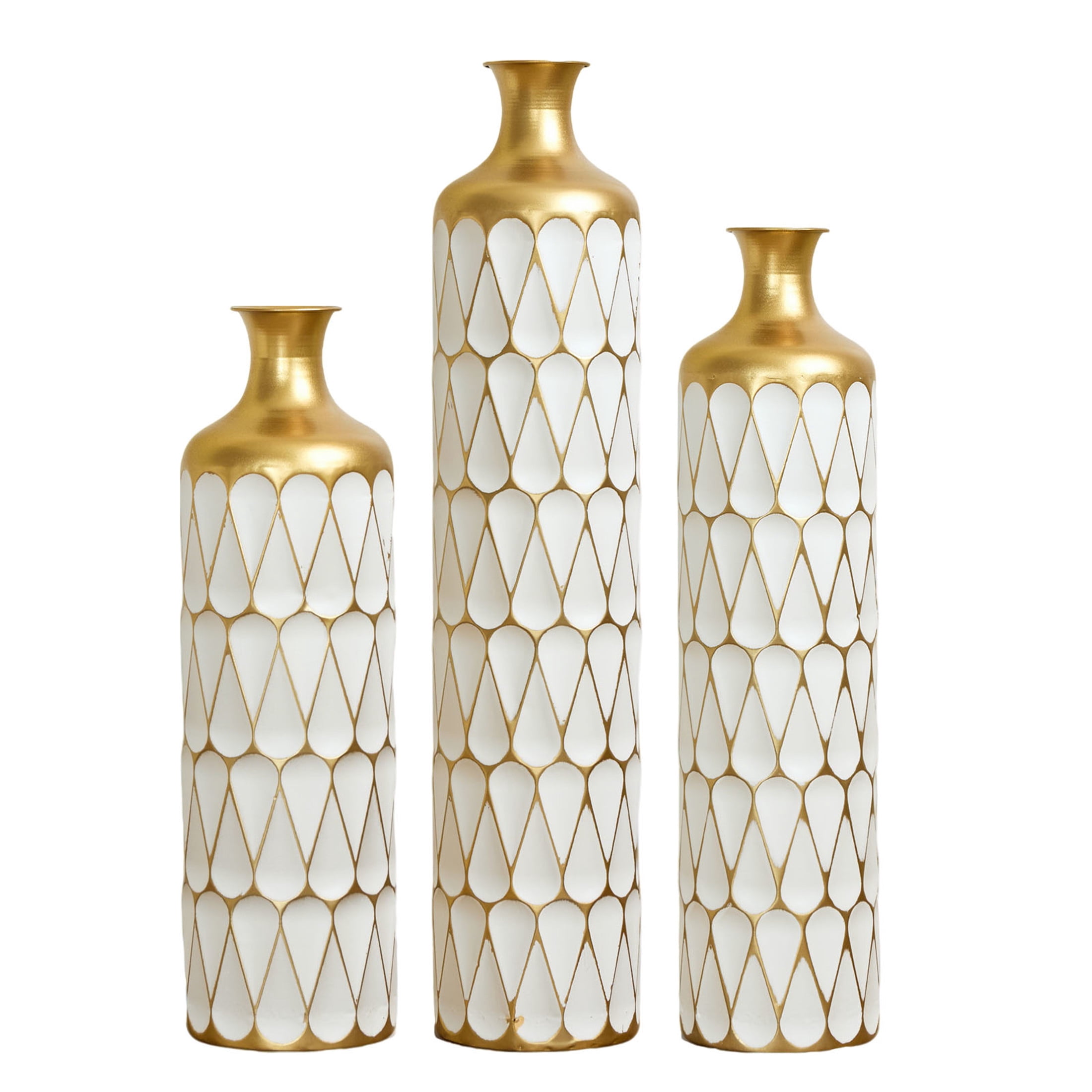 Noble House 22.83", 27.17", 31.5" Metal Floor Vase Set of 3, Geometric Textured Vases, Gold+White