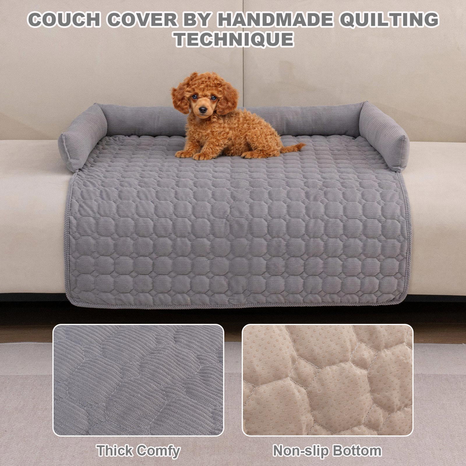 Eurhowing Dog Couch Cover 36"x36", Corduroy Dog Bed Mat for Couch with 3 Side Dog Pillow, Washable Sofa Cover Pet Furniture Protector for Dogs&Cats, Light Gray