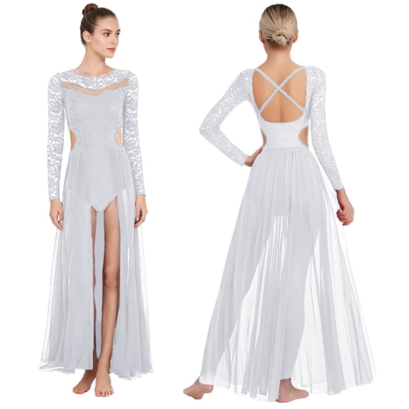 TiaoBug Women's Floral Lace Long Sleeve Lyrical Ballet Leotard Dress Flowy Mesh Modern Contemporary Dance Dress Beige L