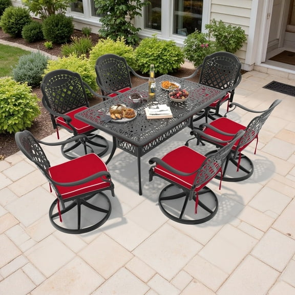 Hzzkey 7-Piece Outdoor Dining Set, Cast Aluminum Rectangle Table with Swivel Chairs, Red Cushions, Umbrella Hole