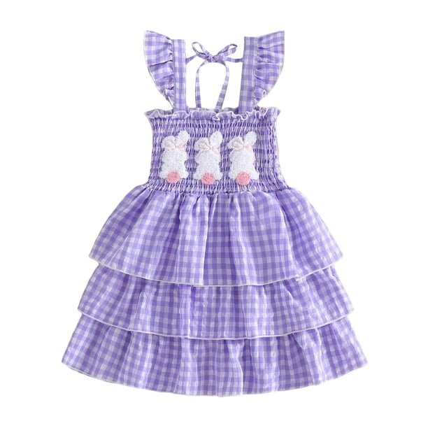 Vestido de Pascua Púrpura Niñas Conejo Ahumado Vestido en Capas sin Mangas para Fiestas de Cumpleaños de Pascua Verano Casual