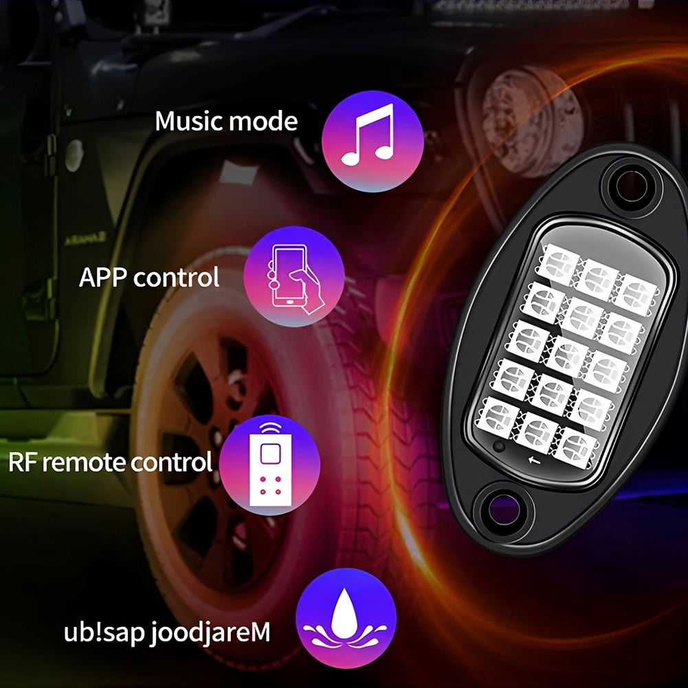 4 Pods RGB LED Rock Lights Underglow Multicolor Neon Light Kit with APP Control/Music Mode Under Glow Lights for Trucks SUV Golf Cart ATV Pickup Off Road,12V