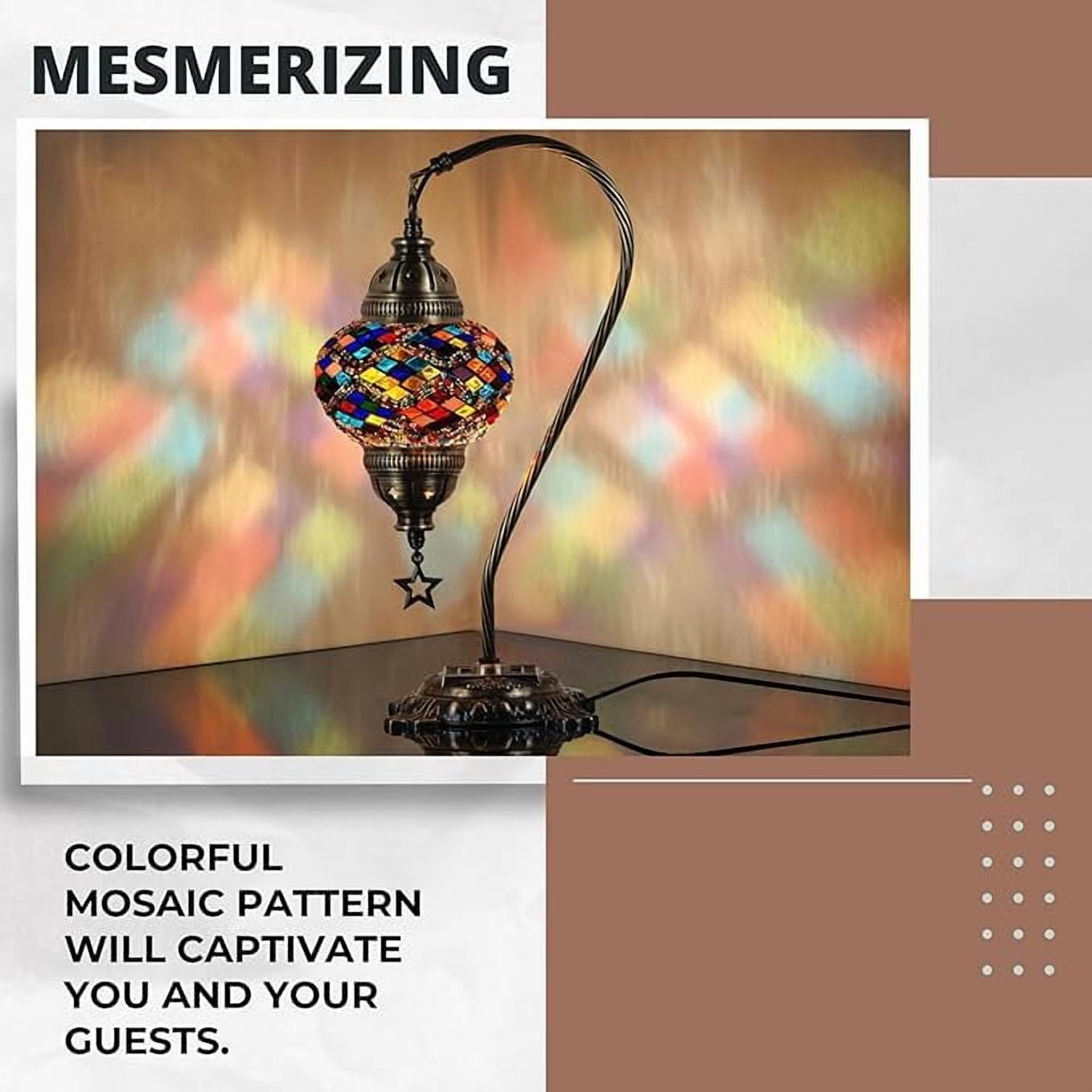 DEMMEX Authentic Turkish Mosaic Table Lamp, Handcrafted Bedside Accent Light, Antique Brass Metal Base, Vintage Moroccan Boho Decor Lamp, Multicolor