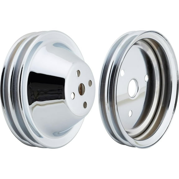 Speedway Motors SBC Chrome Double Groove Pulley Set Compatible with 283–350 V8 Engines with Short Water Pump, Includes Crank and Water Pump Pulleys, Lightweight and Durable Finish